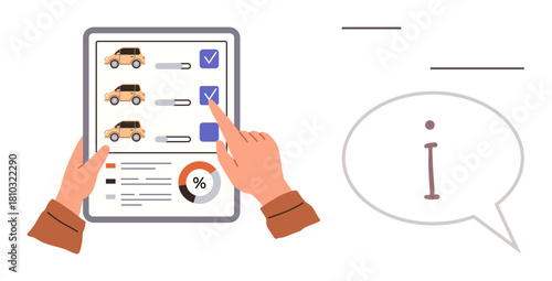 Hands holding a digital tablet comparing cars on a checklist, highlighting choices, with a speech bubble and info icon. Ideal for decision-making, research, planning, analytics, comparisons