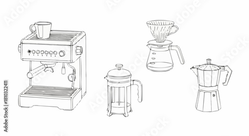 Illustration of espresso machine, french press, pour over, and moka pot in black and white outline