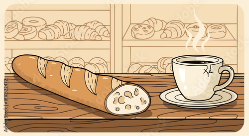 A cartoon illustration of a baguette and a cup of coffee in front of a bakery display case