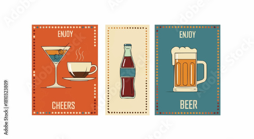 Three vintage style posters featuring a cocktail, soda bottle, and a frothy beer mug illustration set