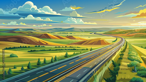 Very beautiful grasslands stretching along Interstate Highway 94 in central North Dakota, showcasing open prairie vistas, gentle rolling fields, and a serene horizon beneath clear Midwestern skies.