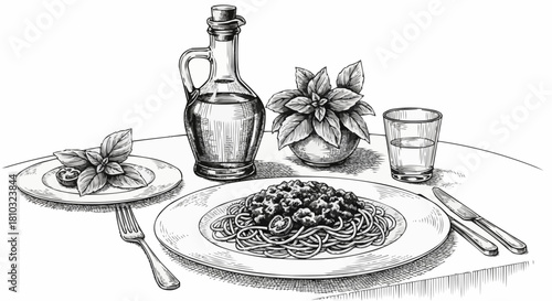 Illustration of a spaghetti dish with basil, olive oil, and water glass on a white table top view