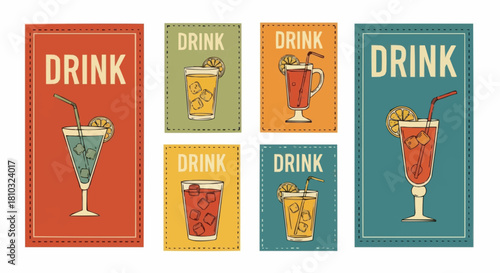 Collection of vintage style drink posters featuring different cocktail illustrations with ice and fruit