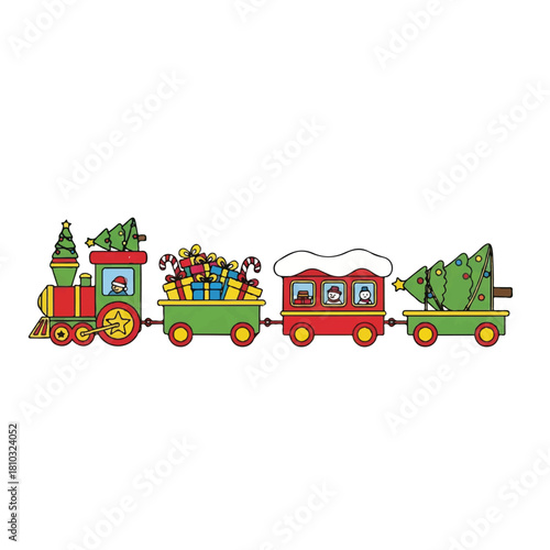 Festive Christmas Train with Gifts and Tree Illustration.