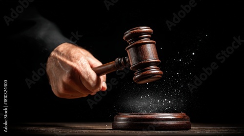 Wooden gavel poised above sounding block against a dark background creates dramatic effect