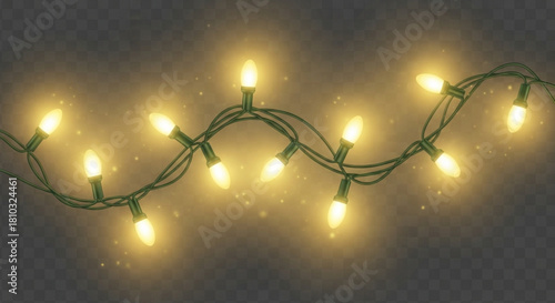 A string of warm yellow christmas lights with green wire on a blurred background is displayed here created with generated ai