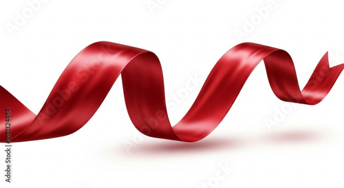 A shiny red ribbon gracefully curves and winds across a pristine white background in a simple composition created with generated ai