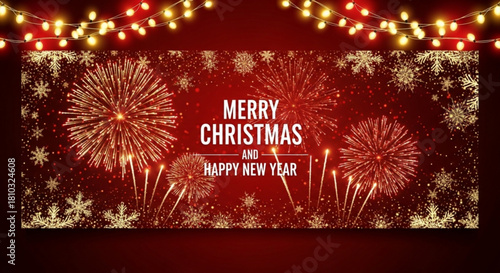 Merry christmas and happy new year banner with fireworks and snowflakes on a red background design created with generated ai