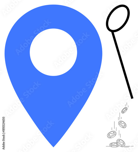 Blue location pin with a magnifying glass and coins falling, symbolizing financial exploration, analysis, opportunity search. Ideal for investment, savings, economy, finance, location services