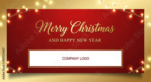 Merry christmas and happy new year banner with company logo space and decorative string lights border created with generated ai