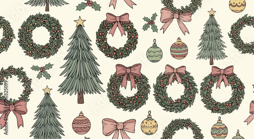 Seamless pattern of christmas trees wreaths bows ornaments and holly on a cream colored background design