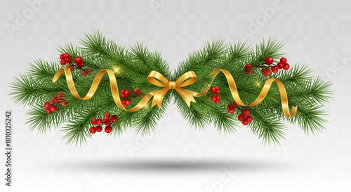 Festive christmas garland with pine branches red berries and a golden ribbon bow decoration element created with generated ai