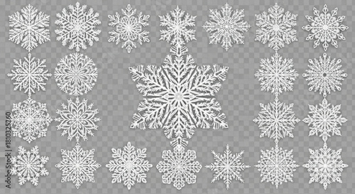 Collection of intricately designed white snowflakes arranged on a transparent background pattern created with generated ai