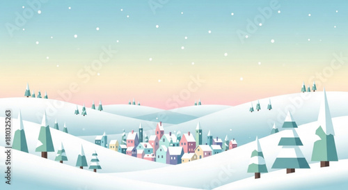 A winter landscape with snow covered hills trees and a village under a pastel colored sky with snowflakes created with generated ai