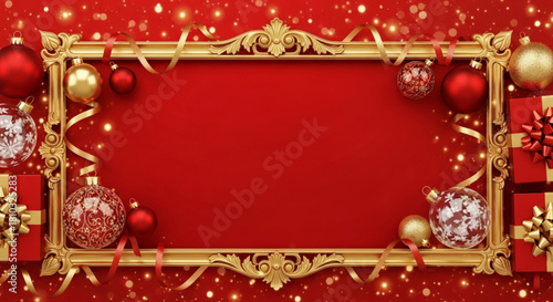 Festive christmas background with golden frame ornaments and gifts on a red backdrop with bokeh lights created with generated ai