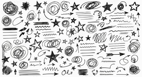 Doodle collection featuring hand drawn stars arrows and circles in black ink on a white background design element