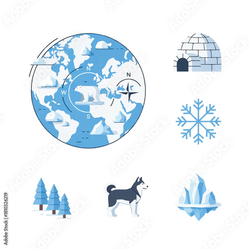 Arctic themed illustration featuring a globe igloo snowflake trees husky and iceberg.