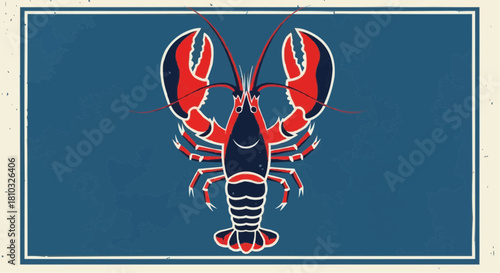 Illustration of a red and dark blue lobster with claws on a textured blue background frame