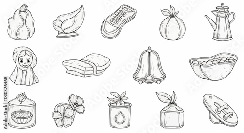 A collection of sketched objects including a squash, bowl, shoe, old woman, and various containers and plants