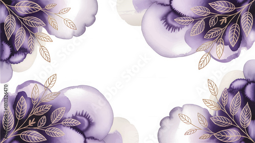 Hand painted botanical floral corner vector , Elegant plum blossom artistic template design , Abstract violet and metallic leaves background