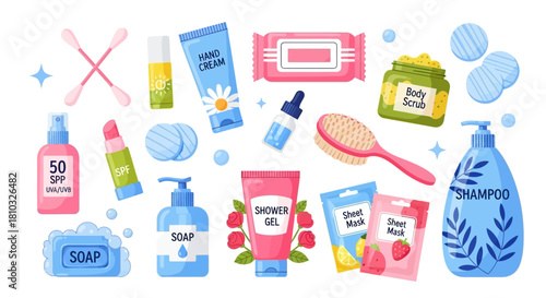 Vector illustrations showcasing diverse hands performing essential hygiene and care routines washing with soap, applying lotion, using sanitizer, and cleaning with wet wipes