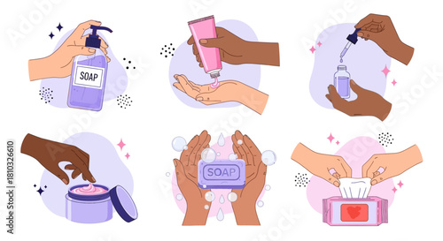 Vector illustrations showcasing diverse hands performing essential hygiene and care routines washing with soap, applying lotion, using sanitizer, and cleaning with wet wipes