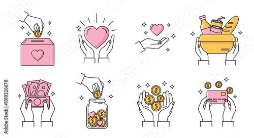 Modern Line Art Icons for Charity, Donations, and Financial Aid. A Collection of Vector Illustrations Depicting Giving, Support, and Philanthropy