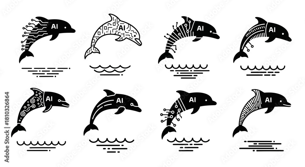 Naklejka premium Dynamic AI dolphins leap through digital waves showcasing intelligent innovation and futuristic technology concepts