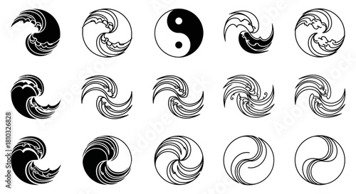 Dynamic wave and yin yang symbols capture elemental balance and motion, perfect for modern branding and design projects seeking powerful abstract visuals.