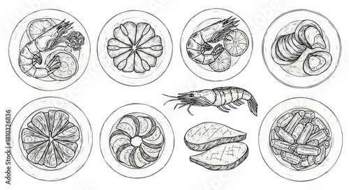 Illustration of various seafood dishes including shrimp, oysters, fish and pasta on white plates