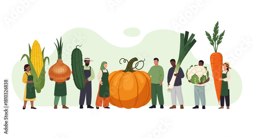 Diverse group of people holding fresh produce at a market stall, promoting healthy eating and community connection