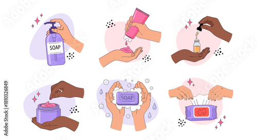 Hygiene Products Vector Illustration Soap, Lotion, Wipes