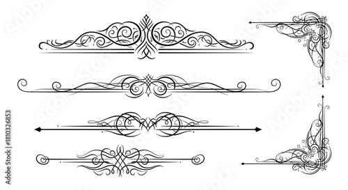 Elegant flourish borders and corner accents add vintage charm to designs, perfect for invitations and decorative projects