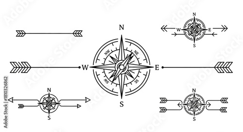 Navigate your journey with stylish compass and arrow design elements for modern exploration and adventure projects