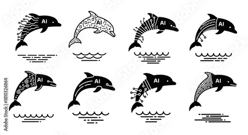 Dynamic AI dolphins leap through digital waves showcasing intelligent innovation and futuristic technology concepts