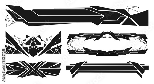 Dynamic abstract geometric shapes in black, perfect for futuristic tech branding, modern design elements, and edgy graphic overlays