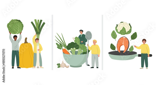 Healthy Eating Preparation People Cooking Fresh Vegetables and Fish