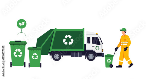 Illustration of urban waste management and recycling services, showing a modern garbage truck, a dedicated collector, and eco-friendly bins for a sustainable city