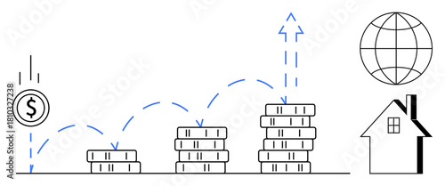 Coin bouncing onto money stacks, showing growth progression with upward arrow, globe, and house. Ideal for finance, investments, real estate, wealth economy global market savings. Simple flat