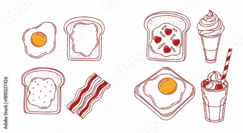 Illustration of breakfast foods including fried eggs toast bacon and desserts on a white background