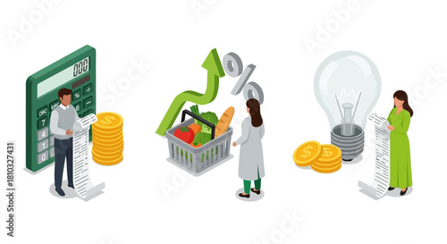Smart Financial Management Illustration People analyzing personal expenses, grocery costs, and energy bills. Isometric concept of budgeting, cost savings, and economic planning strategies