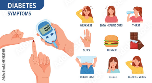 Comprehensive vector infographic displaying the diverse symptoms of diabetes, such as high blood sugar levels, increased thirst, unexplained weight loss, and blurred vision, for health awareness