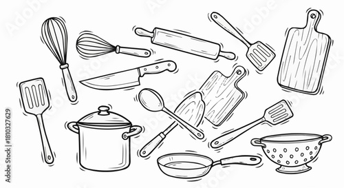 A sketch of various kitchen utensils including whisks spatulas cutting boards and a pot and frying pan