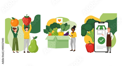 Fresh produce, convenient online shopping, and efficient delivery services for healthy food boxes. A modern grocery experience illustrated