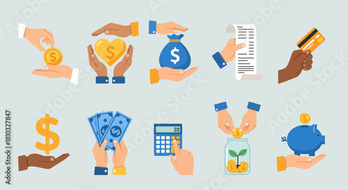 Vector illustration of hands managing financial assets cash, coins, credit cards, and savings tools, symbolizing effective money management, investment, and payment strategies