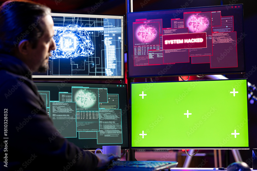 Fototapeta premium Hacker getting system hacked popup alert on green screen mockup computer after using malware software. Rogue engineer at home using chroma key PC to hide online activity after stealing data