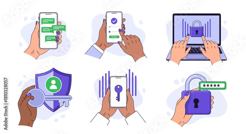 A collection of flat vector illustrations depicting concepts of cybersecurity, two-factor authentication, and secure data access on mobile and laptop devices