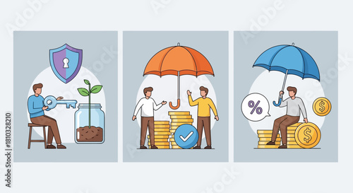 A collection of flat vector illustrations depicting business finance concepts like insurance, investment security, and savings growth