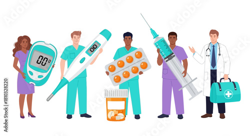 Diverse medical professionals with diagnostic tools, medication, and medical equipment, symbolizing healthcare services and patient care