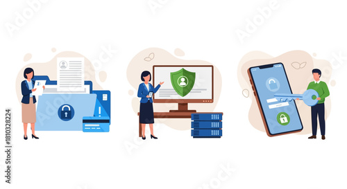A set of flat vector illustrations showcasing modern concepts of data security, including private information protection, network cybersecurity, and secure mobile authentication